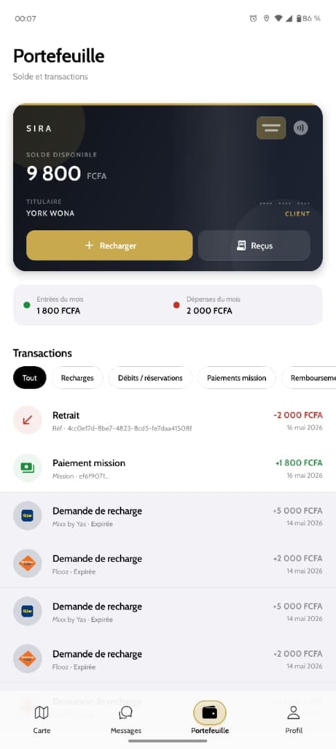 Portefeuille client SIRA — solde et transactions